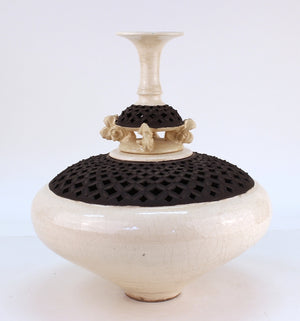 Asian Style Studio Pottery Vessel with Sculptural Lid, Signed side (6719847366813)