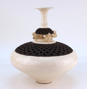 Asian Style Studio Pottery Vessel with Sculptural Lid, Signed side (6719847366813)