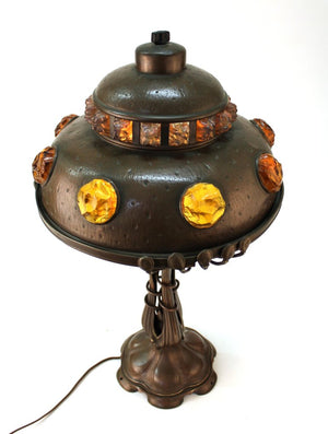 Austrian Art Nouveau Cast Bronze & Brass Table Lamp with Chunk Glass Jewels (6719887900829)