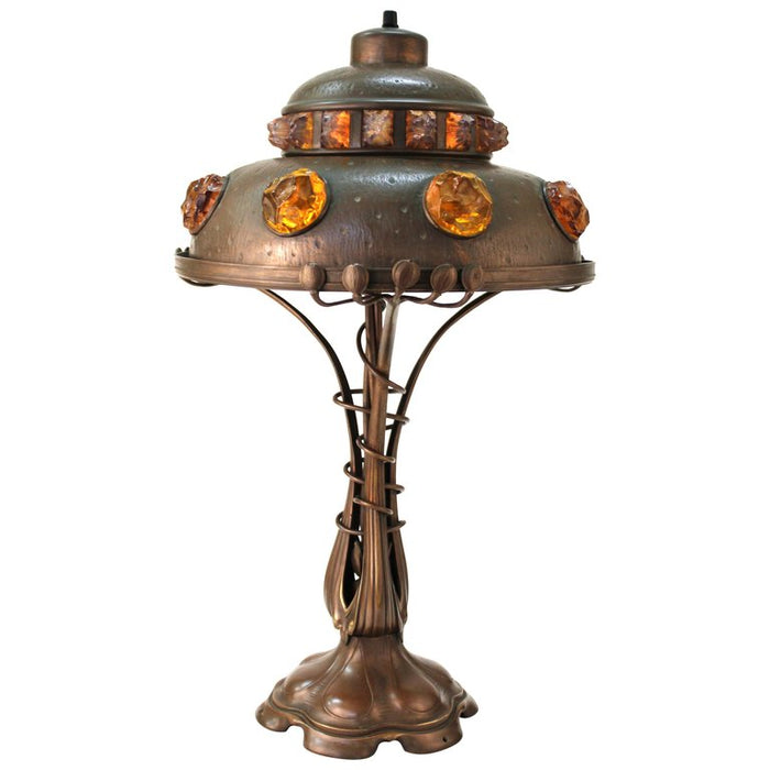 Austrian Art Nouveau Cast Bronze & Brass Table Lamp with Chunk Glass Jewels