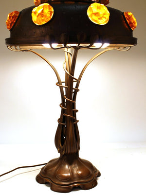 Austrian Art Nouveau Cast Bronze & Brass Table Lamp with Chunk Glass Jewels (6719887900829)