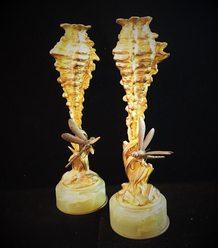 Austrian Jugenstil Vienna Bronze  Candle Holders or Bud Vases with Dragonflies