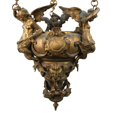 Baroque Style Italian Gilt Bronze Pendant Oil Lamp