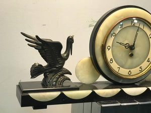 French Art Deco Marble and Onyx Mantel Clock with Flying Herons (6719836749981)
