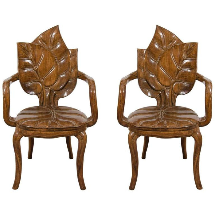 Sculptural Carved Leaf Motif Armchairs or Side Chairs