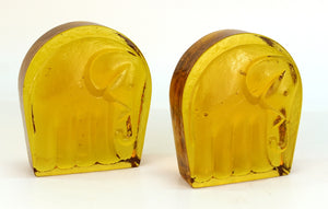 Blenko Mid-Century Modern Bookends with Elephant Motif in Yellow Glass front  (6719832391837)
