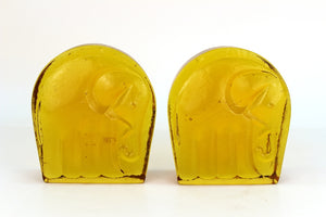 Blenko Mid-Century Modern Bookends with Elephant Motif in Yellow Glass front (6719832391837)