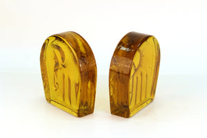Blenko Mid-Century Modern Bookends with Elephant Motif in Yellow Glass back  (6719832391837)