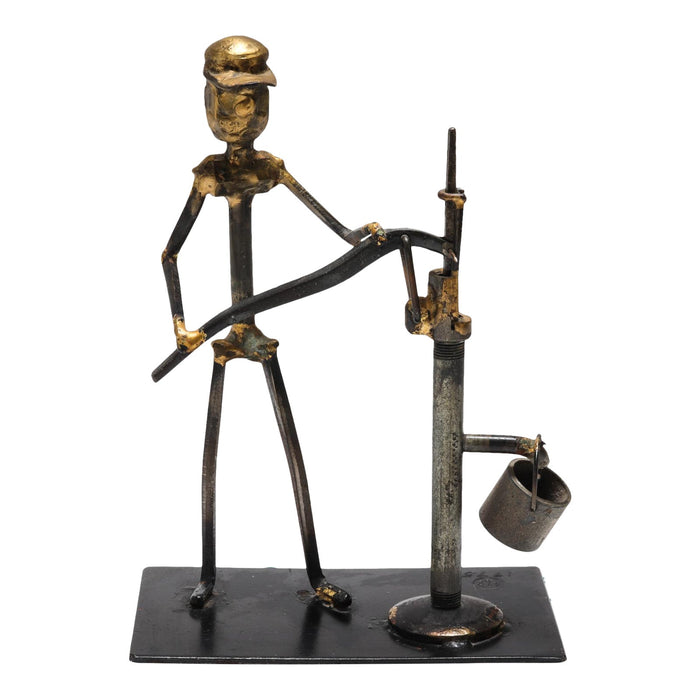 Brutalist "Man Pumping Water" Figural Sculpture in Metal