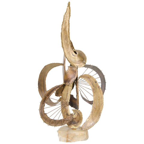 Brutalist Mixed Metal and Alabaster Sculpture Inspired by Curtis Jere