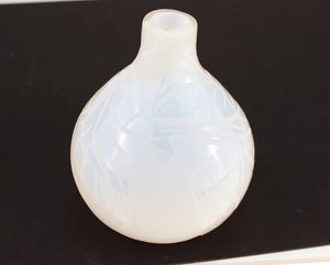 Bulb Vase in White Glass with Leaf Pattern on black background (6719844712605)