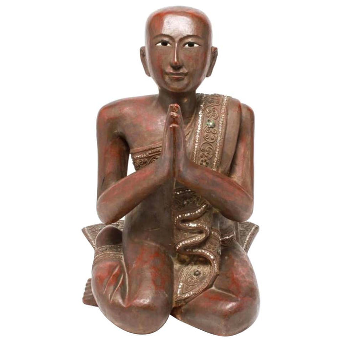 Burmese Buddhist Monk Statue in Carved Wood