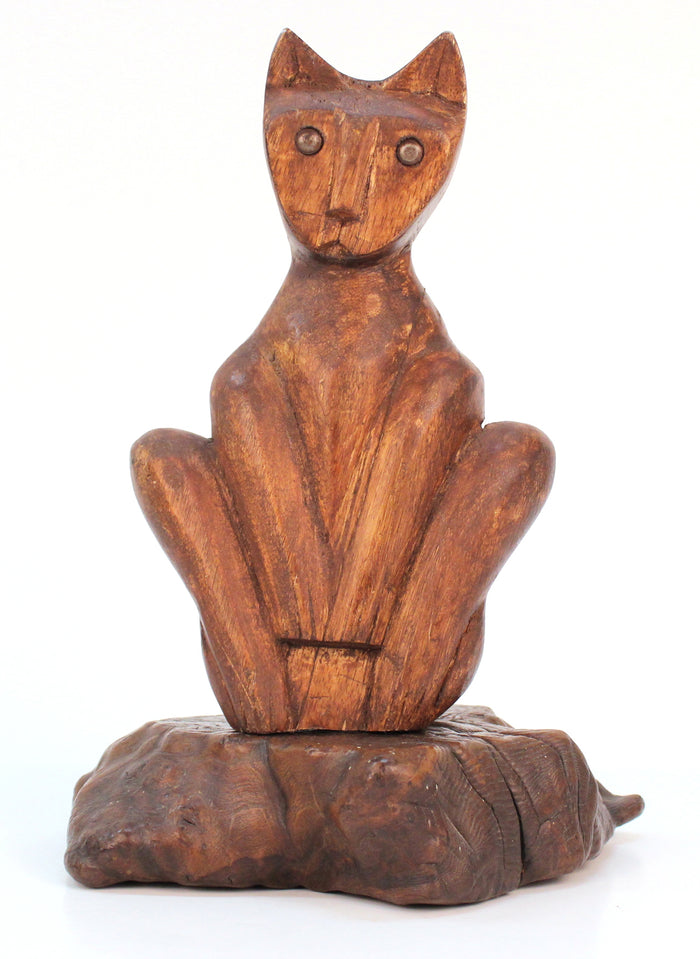 Mid-Century Wood Folk Art Cat Sculpture