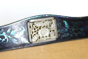 Chinese Export Lac Burgaute Inlaid Silver, Gold & Abalone Frame with Carved Jade (6720003604637)