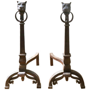 Continental Baroque Wrought Iron Lion Head Andirons