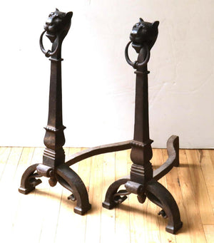 Continental Baroque Wrought Iron Lion Head Andirons (6719979290781)