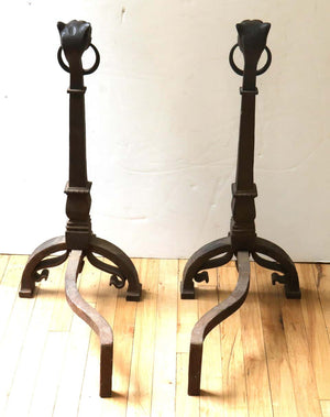Continental Baroque Wrought Iron Lion Head Andirons