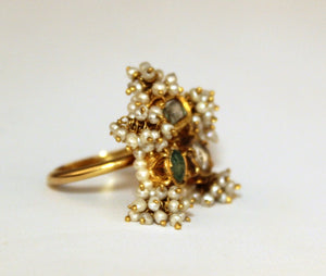 Emerald, Aquamarine, Diamond and Seed Pearl Ring on 14Kt. Yellow Gold Band (6719763251357)