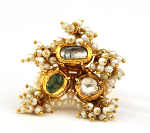 Emerald, Aquamarine, Diamond and Seed Pearl Ring on 14Kt. Yellow Gold Band (6719763251357)