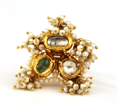 Emerald, Aquamarine, Diamond and Seed Pearl Ring on 14Kt. Yellow Gold Band