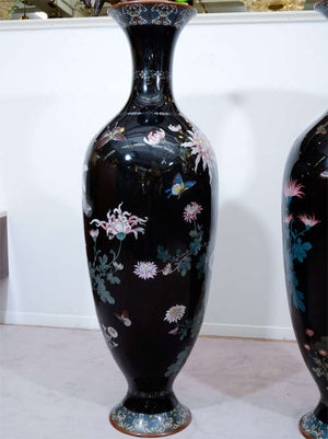 Japanese Meiji Period Black Cloisonne Vases with Floral Motif, Pair (6719681560733)