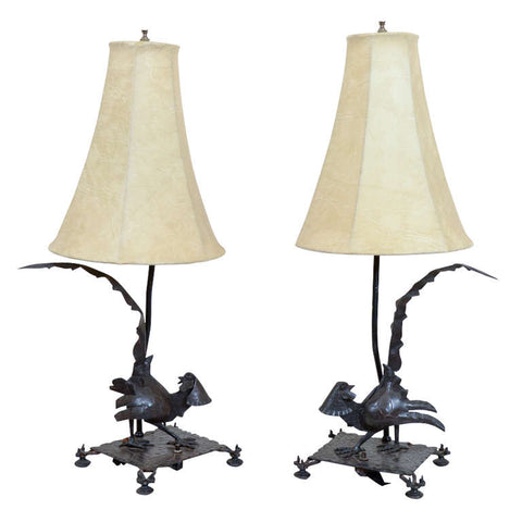 Edgar Brandt Pair of Art Deco Pheasant Form Table Lamps