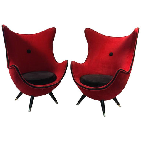 Modernist Red and Black Lounge Chairs Attributed to Jean Royere