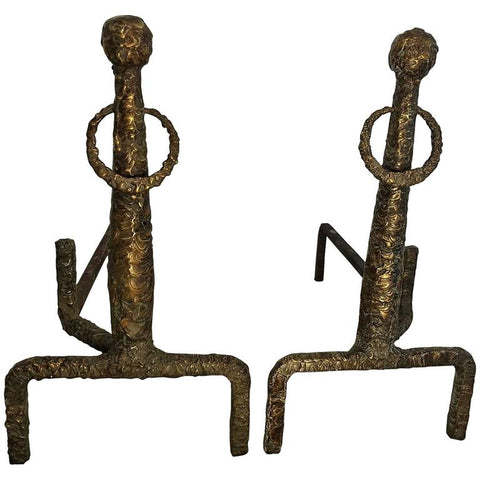 Italian Sculpted Bronze Andirons in the Manner of Giacometti