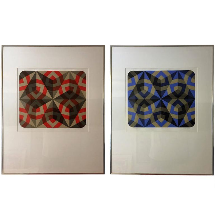 Signed Optical Art Hexagonal Silkscreens in Manner of Vasarely