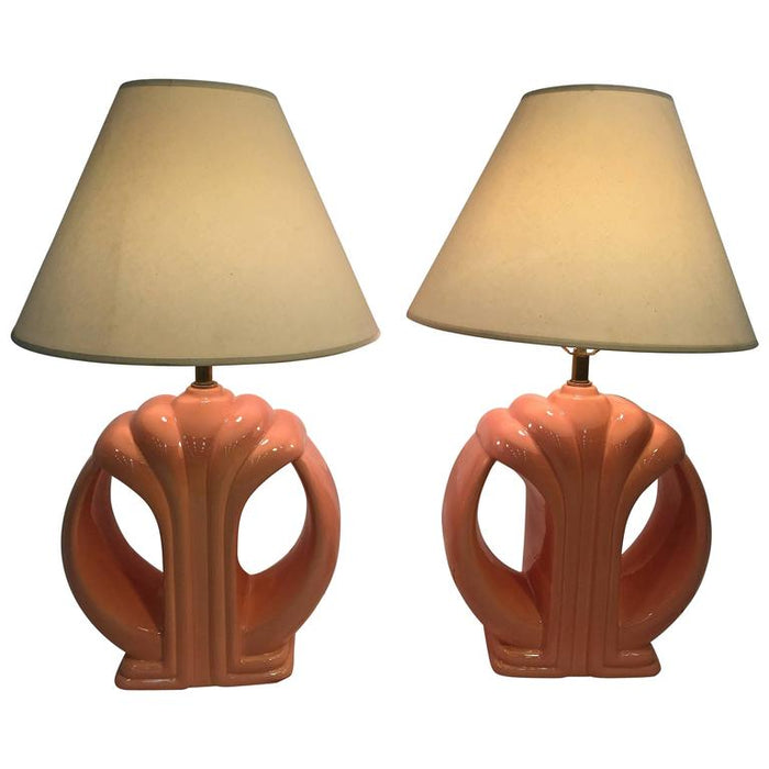 Modern Karl Springer Style Coral Ceramic Lamps