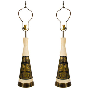 Pair of Table Lamps Decorated with Egyptian Hieroglyphs in Brass and Ceramic, Marked F.A.I.P. (6719550226589)