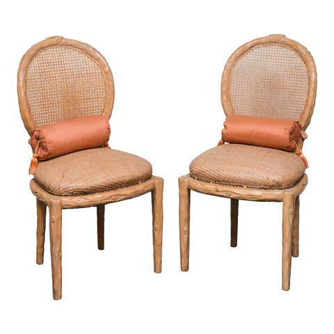 Faux Bois Caned Back Side Chairs With Wicker Seat