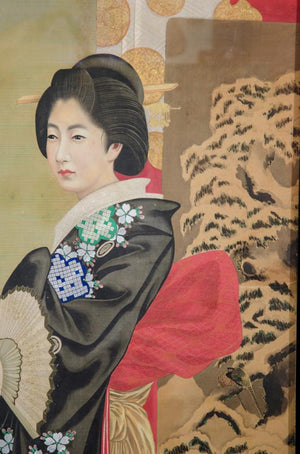 Meiji Period Japanese Imperial Painting on Silk, with Woman in Black Robe (6719676186781)