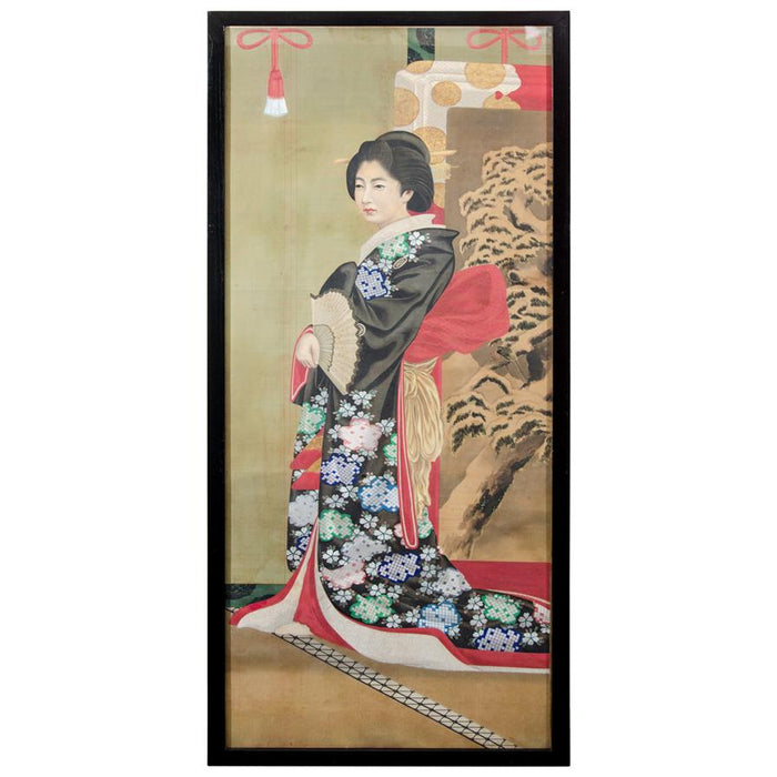 Meiji Period Japanese Imperial Painting on Silk, with Woman in Black Robe