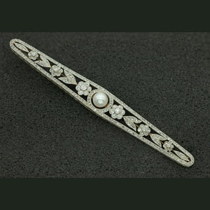 French Art Deco Brooch in Platinum with Pearl and Diamonds Front View (6719963234461)