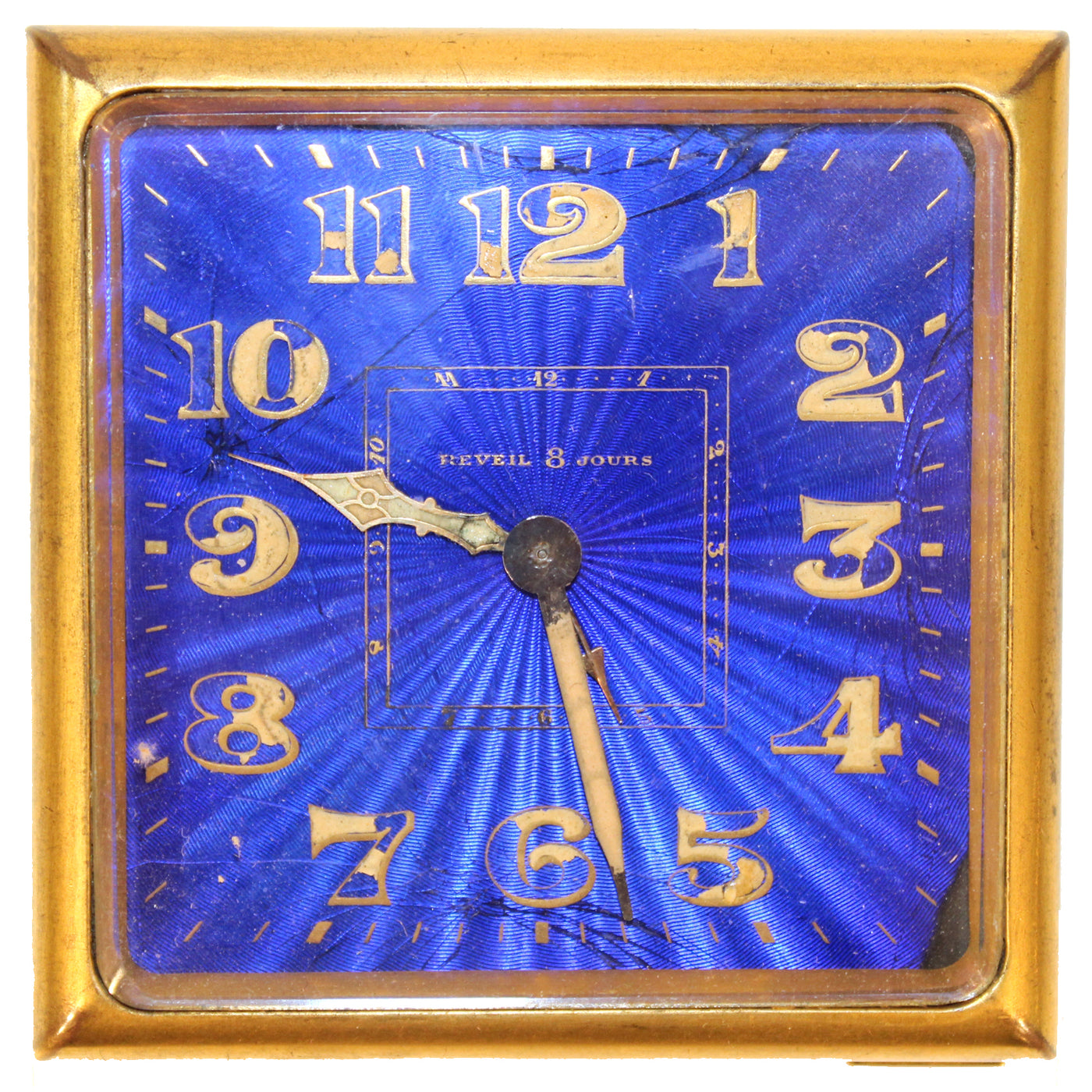 French Art Deco 'Reveil 8 Jours' Brass Clock with Purple-Blue