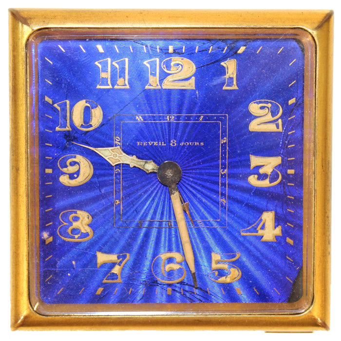 French Art Deco 'Reveil 8 Jours' Brass Clock with Purple-Blue Enamel