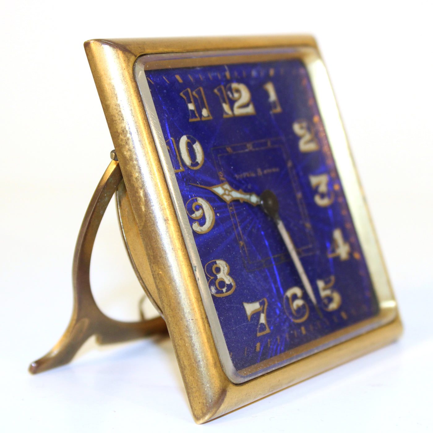 French Art Deco 'Reveil 8 Jours' Brass Clock with Purple-Blue