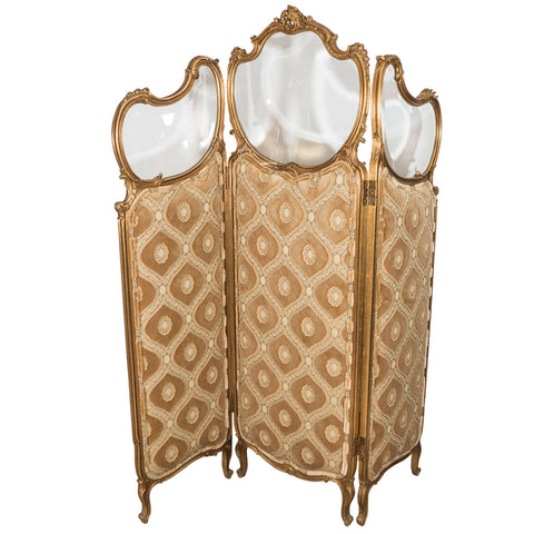 French Beaux-Arts Gilt-Wood Trifold Screen with Beveled Glass