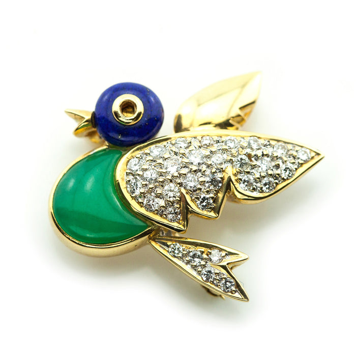 Gold Bird Brooch Pendant With Lapis, Chrysoprase & Diamonds