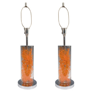 Modernist Lucite and Chrome Lamps with Curled Orange Resin (6719802966173)