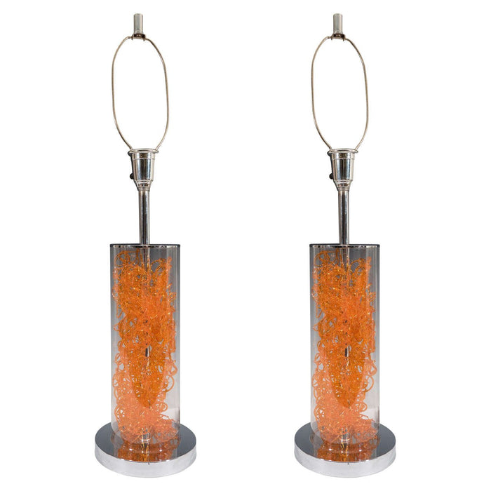 Modernist Lucite and Chrome Lamps with Curled Orange Resin