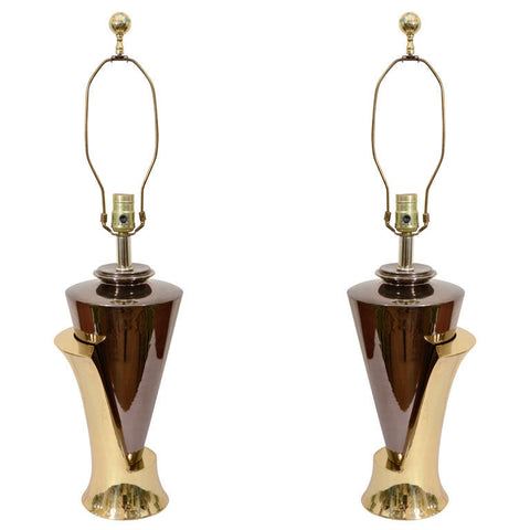 Karl Springer Style Sculptural Chrome and Brass Lamps