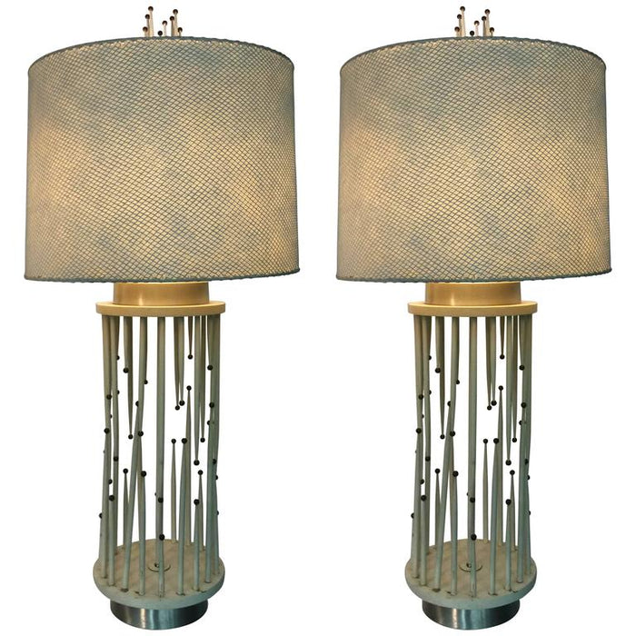 Modernist Wood & Brass Ball Table Lamps in the Style of Parzinger