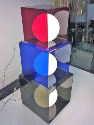 Pop Art Trio of Modernist Red, Blue and Grey Lucite Cube Lamps (6719828263069)