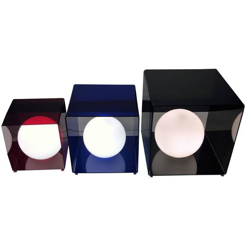 Pop Art Trio of Modernist Red, Blue and Grey Lucite Cube Lamps