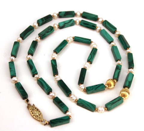 Malachite and Pearl Beaded Necklace with Gold Accents