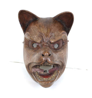 Japanese Edo Carved Wood Fox Mask with Articulated Jaw