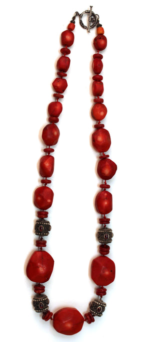 Tribal Silver with Garnets and Faux Coral Necklace (6719999639709)