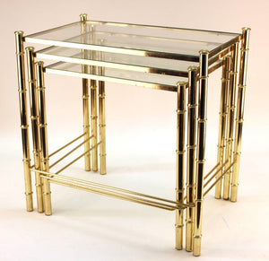 Nesting Tables and Magazine Stand Set with Faux Bamboo Design in Gilt Metal tables front (6719842779293)